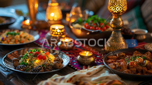 أجواء شهر رمضان المبارك، سفرة من المأكولات الشعبية التقليدية الشهية، الأصناف والأطباق والمقبلات العربية الشرقية اللذيذة، مائدة طعام مليئة بالوجبات المتنوعة الرمضانية، العزائم والولائم في الأعياد والمناسبات الإسلامية
