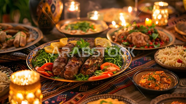 Celebrating the advent of the holy month of Ramadan, a feast of delicious traditional popular food, delicious Eastern Arab varieties, dishes and appetizers, a dining table full of various Ramadan meals, invitations and banquets on Islamic holidays and occasions.