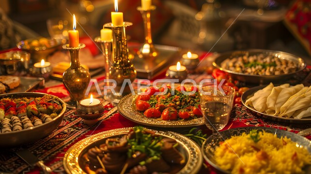 الاحتفال بقدوم شهر رمضان المبارك، سفرة من المأكولات الشعبية التقليدية الشهية، الأصناف والأطباق والمقبلات العربية الشرقية اللذيذة، مائدة طعام مليئة بالوجبات المتنوعة الرمضانية، العزائم والولائم في الأعياد والمناسبات الإسلامية