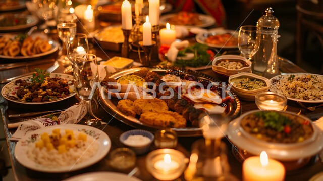 الاحتفال بقدوم شهر رمضان المبارك، سفرة من المأكولات الشعبية التقليدية الشهية، الأصناف والأطباق والمقبلات العربية الشرقية اللذيذة، مائدة طعام مليئة بالوجبات المتنوعة الرمضانية، العزائم والولائم في الأعياد والمناسبات الإسلامية