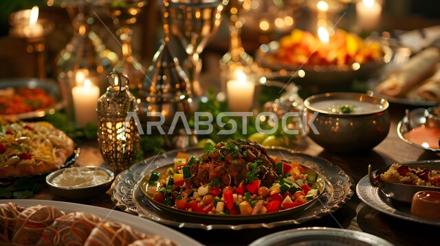 Celebrating the advent of the holy month of Ramadan, a feast of delicious traditional popular food, delicious Eastern Arab varieties, dishes and appetizers, a dining table full of various Ramadan meals, invitations and banquets on Islamic holidays and occasions.