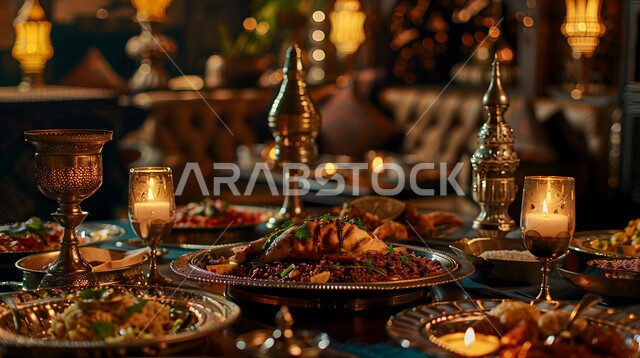 الاحتفال بقدوم شهر رمضان المبارك، سفرة من المأكولات الشعبية التقليدية الشهية، الأصناف والأطباق والمقبلات العربية الشرقية اللذيذة، مائدة طعام مليئة بالوجبات المتنوعة الرمضانية، العزائم والولائم في الأعياد والمناسبات الإسلامية
