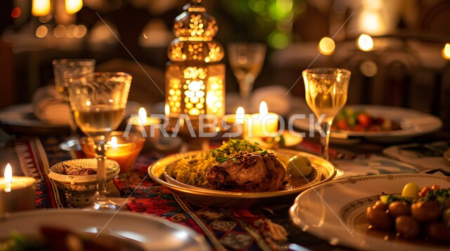 العزائم والولائم في الأعياد والمناسبات الإسلامية، الاحتفال بقدوم شهر رمضان المبارك، سفرة من المأكولات الشعبية التقليدية الشهية، الأصناف والأطباق والمقبلات العربية الشرقية اللذيذة، مائدة طعام مليئة بالوجبات المتنوعة الرمضانية