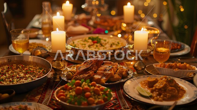 العزائم والولائم في الأعياد والمناسبات الإسلامية، الاحتفال بقدوم شهر رمضان المبارك، سفرة من المأكولات الشعبية التقليدية الشهية، الأصناف والأطباق والمقبلات العربية الشرقية اللذيذة، مائدة طعام مليئة بالوجبات المتنوعة الرمضانية