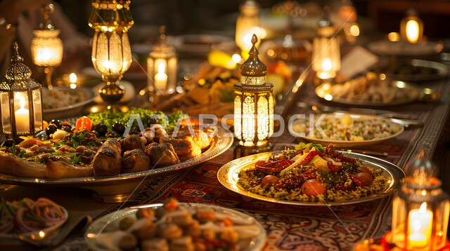 العزائم والولائم في الأعياد والمناسبات الإسلامية، الاحتفال بقدوم شهر رمضان المبارك، سفرة من المأكولات الشعبية التقليدية الشهية، الأصناف والأطباق والمقبلات العربية الشرقية اللذيذة، مائدة طعام مليئة بالوجبات المتنوعة الرمضانية