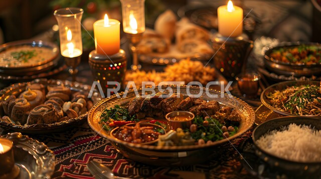 العزائم والولائم في الأعياد والمناسبات الإسلامية، الاحتفال بقدوم شهر رمضان المبارك، سفرة من المأكولات الشعبية التقليدية الشهية، الأصناف والأطباق والمقبلات العربية الشرقية اللذيذة، مائدة طعام مليئة بالوجبات المتنوعة الرمضانية