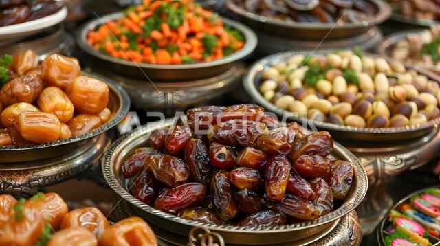 Delicious Ramadan hospitality, a natural source of sugars, a picture from above of dishes filled with dates and fresh dried fruits, delicious dates and nuts, local Saudi national agricultural products and crops, a meal with high nutritional value, healthy and beneficial food.