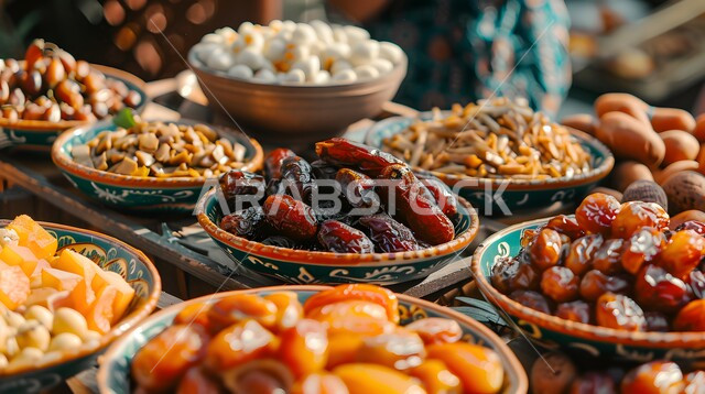 ضيافة رمضانية شهية، مصدر طبيعي للسكريات، صورة من الأعلى لأطباق مليئة بالتمر والفواكه المجففة الطازجة، تمور ومكسرات لذيذة، منتجات ومحاصيل زراعية محلية سعودية وطنية، وجبة ذات قيمة غذائية عالية، غذاء صحي ومفيد