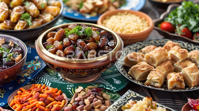 Delicious Ramadan hospitality, a natural source of sugars, a picture from above of dishes filled with dates and fresh dried fruits, delicious dates and nuts, local Saudi national agricultural products and crops, a meal with high nutritional value, healthy and beneficial food.