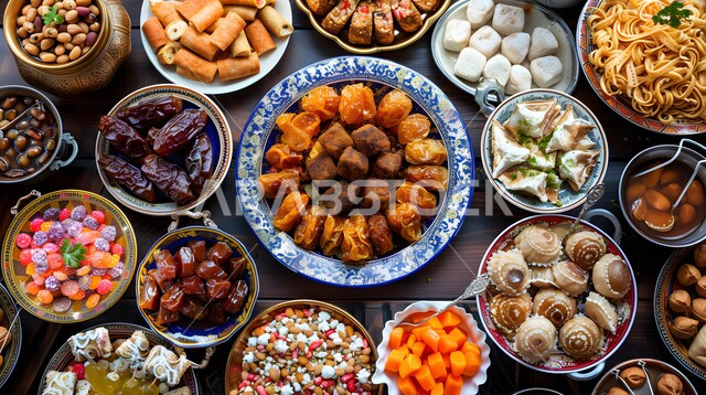 Delicious Ramadan hospitality, a natural source of sugars, a picture from above of dishes filled with dates and fresh dried fruits, delicious dates and nuts, local Saudi national agricultural products and crops, a meal with high nutritional value, healthy and beneficial food.