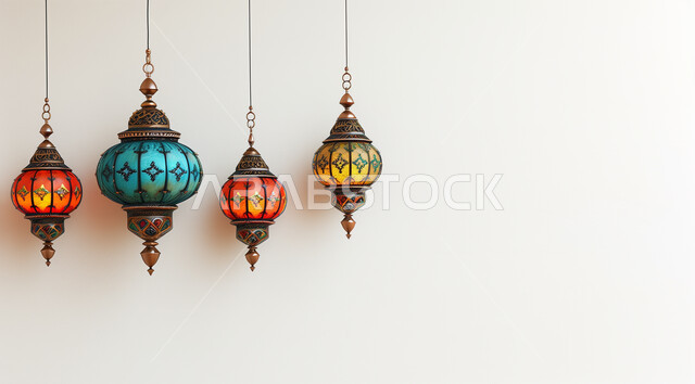 فوانيس تقليدية معدنية مزخرفة مضيئة معلقة، الاستعداد لاستقبال شهررمضان المبارك، الاحتفال بالأعياد والمناسبات الدينية، ديكورات وتحف وأنوار اسلامية، الأجواء رمضانية الروحانية