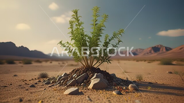 أعشاب خضراء صغيرة وسط البيئة الصحراوية،الجبال الصخرية والكثبان الرملية، صورة لنمو النباتات في البراري في صحراء المملكة العربية السعودية,