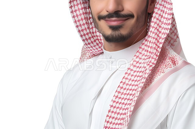 الاهتمام بالأناقة والمظهر الخارجي، مفهوم التبسم في وجه أخيك صدقة، بورتريه مقرب لرجل عربي خليجي سعودي مبتسم يرتدي الثوب التقليدي والشماغ، ايماءات السعادة والسرور، خلفية بيضاء
