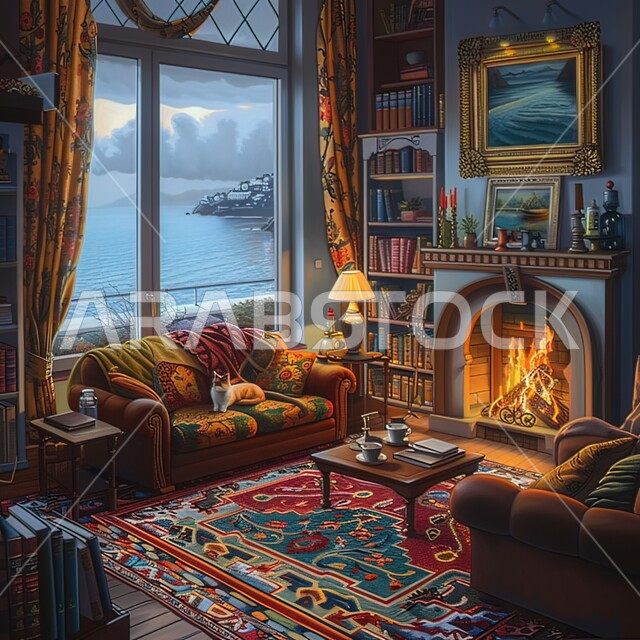 Distinctive old-style interiors, living rooms with comfortable home furniture, fine antiques and accessories, huge glass facades overlooking the sea, living room with distinctive designs.