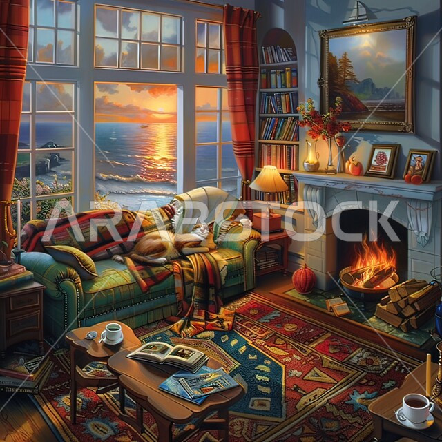   تحف واكسسوارات راقية ، غرفة جلوس بأثاث منزلي مريح، ديكورات داخليه متميزة على الطراز القديم، واجهات زجاجية ضخمة مطلة على البحر، غرفة معيشة بتصميمات مميزة