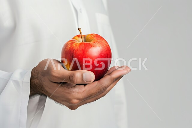 وجبات دايت صحية خفيفة، محاصيل زراعية سعودية ذات جودة عالية، تحسين مستويات الطاقة والتركيز خلال اليوم من خلال تناول الفواكه، بورتريه مقرب لرجل عربي سعودي خليجي يرتديالز يحمل بيده حبة من التفاح الاحمر، خلفيه رماديه