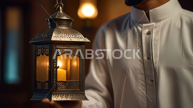 استقبال شهر الخير والبركة, المناسبات الدينية والأعياد الإسلامية, الاستعداد لقدوم شهر رمضان, صورة مقربة لشاب عربي خليجي سعودي يرتدي الثوب التقليدي يحمل الفانوس المضيء, تحف وزينة الاحتفالات في السعودية