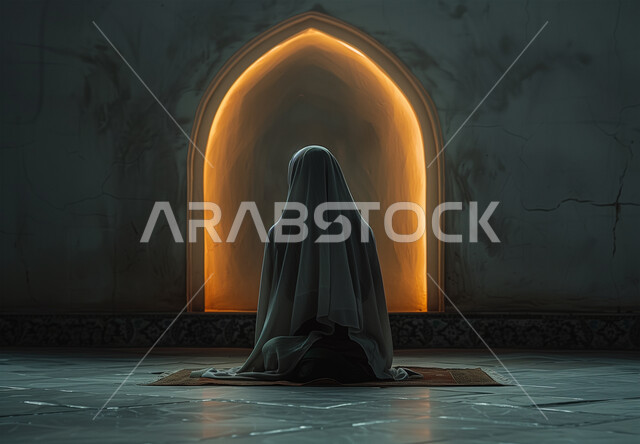 الخشوع والتضرع والطلب من الله، الاجتهاد في الطاعات والأدعية والأذكار، العبادة والتقرب الى الله، صورة من الخلف لإمرأة عربية خليجية سعودية ترتدي الحجاب والعباءة التقليدية تجلس في المسجد ترفع يديها تقوم بالدعاء، الديكورات الداخلية للمساجد