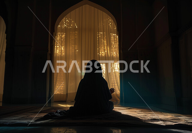 الخشوع والتضرع والطلب من الله، الاجتهاد في الطاعات والأدعية والأذكار، العبادة والتقرب الى الله، صورة من الخلف لإمرأة عربية خليجية سعودية ترتدي الحجاب والعباءة التقليدية تجلس في المسجد ترفع يديها تقوم بالدعاء، الديكورات الداخلية للمساجد