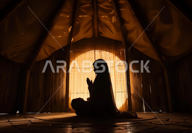 الاجتهاد في الطاعات والأدعية والأذكار، الخشوع والتضرع والطلب من الله، العبادة والتقرب الى الله، صورة من الجانب لإمرأة عربية خليجية سعودية ترتدي الحجاب والعباءة التقليدية تجلس في المسجد ترفع يديها تقوم بالدعاء، الديكورات الداخلية للمساجد