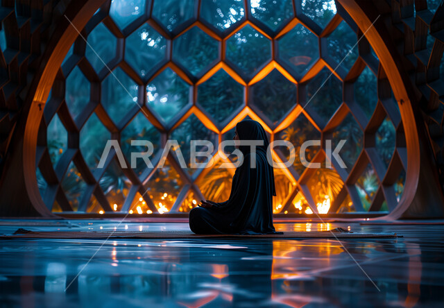 الاجتهاد في الطاعات والأدعية والأذكار، الخشوع والتضرع والطلب من الله، العبادة والتقرب الى الله، صورة من الجانب لإمرأة عربية خليجية سعودية ترتدي الحجاب والعباءة التقليدية تجلس في المسجد ترفع يديها تقوم بالدعاء، الديكورات الداخلية للمساجد