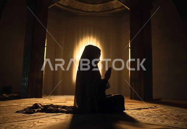 الاجتهاد في الطاعات والأدعية والأذكار، الخشوع والتضرع والطلب من الله، العبادة والتقرب الى الله، صورة من الجانب لإمرأة عربية خليجية سعودية ترتدي الحجاب والعباءة التقليدية تجلس في المسجد ترفع يديها تقوم بالدعاء، الديكورات الداخلية للمساجد