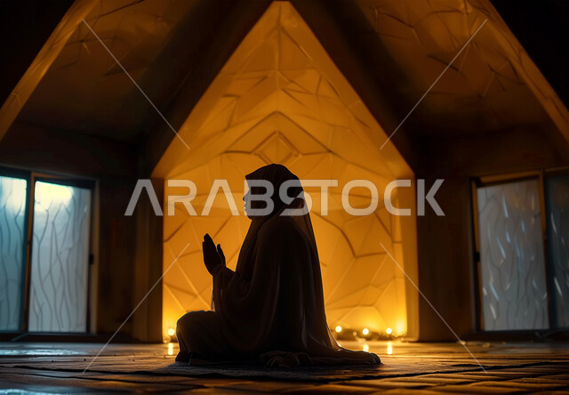 الاجتهاد في الطاعات والأدعية والأذكار، الخشوع والتضرع والطلب من الله، العبادة والتقرب الى الله، صورة من الجانب لإمرأة عربية خليجية سعودية ترتدي الحجاب والعباءة التقليدية تجلس في المسجد ترفع يديها تقوم بالدعاء، الديكورات الداخلية للمساجد