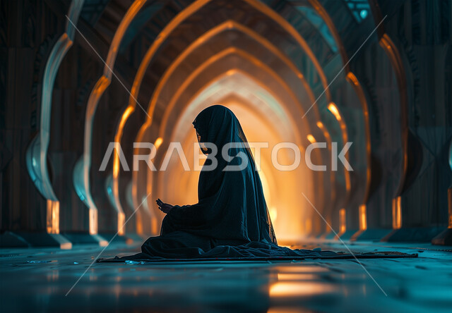 الاجتهاد في الطاعات والأدعية والأذكار، الخشوع والتضرع والطلب من الله، العبادة والتقرب الى الله، صورة من الجانب لإمرأة عربية خليجية سعودية ترتدي الحجاب والعباءة التقليدية تجلس في المسجد ترفع يديها تقوم بالدعاء، الديكورات الداخلية للمساجد
