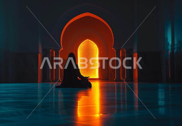الاجتهاد في الطاعات والأدعية والأذكار، الخشوع والتضرع والطلب من الله، العبادة والتقرب الى الله، صورة من الجانب لإمرأة عربية خليجية سعودية ترتدي الحجاب والعباءة التقليدية تجلس في المسجد ترفع يديها تقوم بالدعاء، الديكورات الداخلية للمساجد