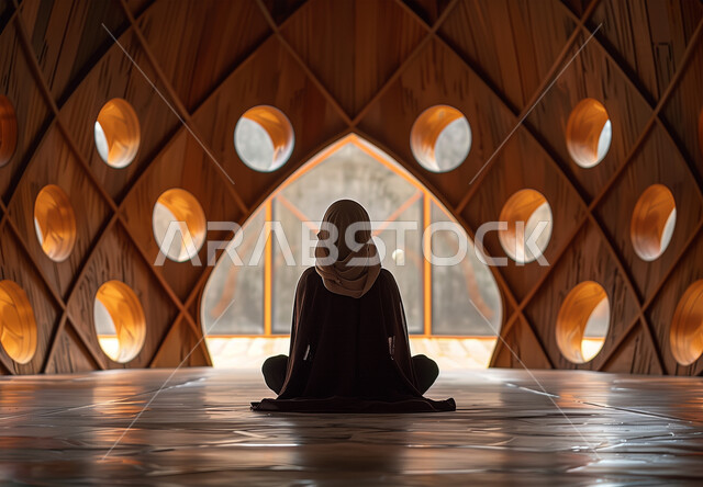 التضرع والخشوع والطلب من الله، الاجتهاد في الطاعات والأدعية والأذكار، العبادة والتقرب الى الله، صورة من الخلف لإمرأة عربية خليجية سعودية ترتدي الحجاب والعباءة التقليدية تجلس في المسجد ترفع يديها تقوم بالدعاء، الديكورات الداخلية للمساجد