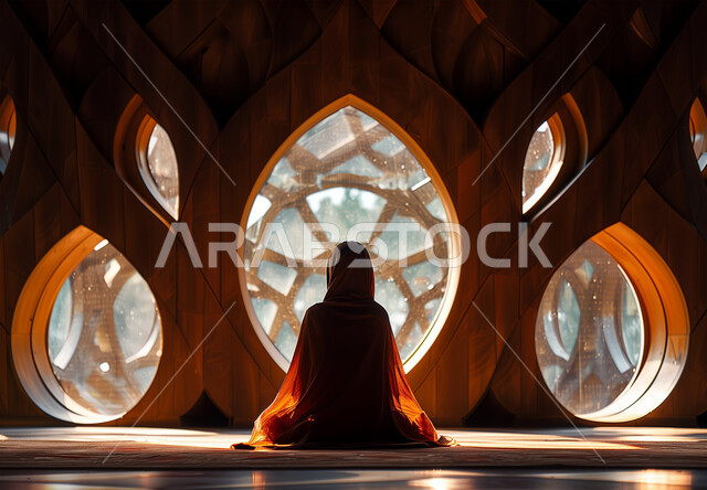 التضرع والخشوع والطلب من الله، الاجتهاد في الطاعات والأدعية والأذكار، العبادة والتقرب الى الله، صورة من الخلف لإمرأة عربية خليجية سعودية ترتدي الحجاب والعباءة التقليدية تجلس في المسجد ترفع يديها تقوم بالدعاء، الديكورات الداخلية للمساجد