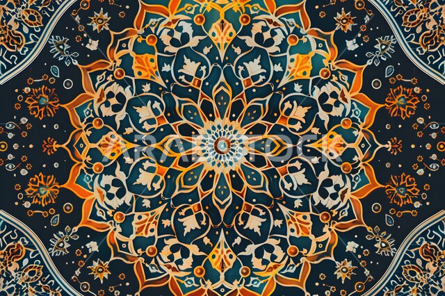 الفن الهندسي العصري الحديث، ديكورات و زخارف اسلاميه ثلاثية الابعاد، قالب تصميم إسلامي مزخرف، تصاميم ديكور ديني باللون الازرق و الذهبي، خلفية إسلاميه