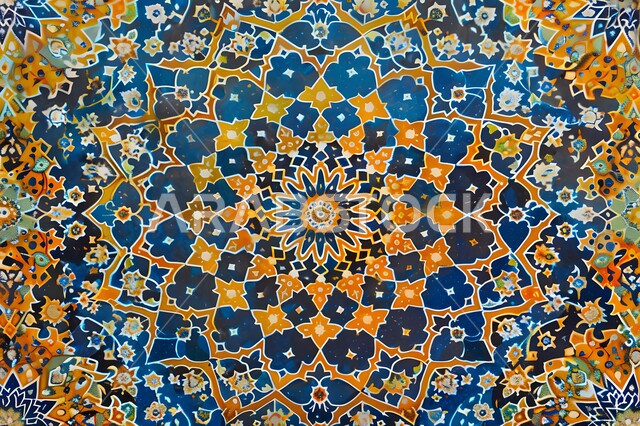 الفن الهندسي العصري الحديث، ديكورات و زخارف اسلاميه ثلاثية الابعاد، قالب تصميم إسلامي مزخرف، تصاميم ديكور ديني باللون الازرق و الذهبي، خلفية إسلاميه