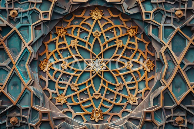 ديكورات و زخارف اسلاميه ثلاثية الابعاد، الفن الهندسي العصري الحديث، قالب تصميم إسلامي مزخرف، تصاميم ديكور ديني باللون الذهبي و الاخضر، خلفية إسلاميه