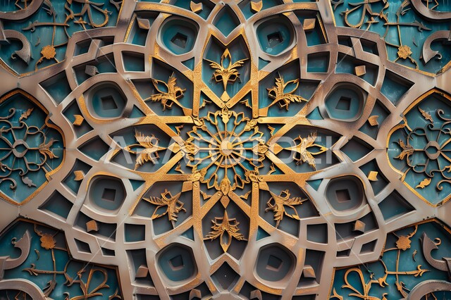 زخارف و ديكورات اسلاميه ثلاثية الابعاد، الفن الهندسي العصري الحديث، قالب تصميم إسلامي مزخرف، تصاميم ديكور ديني باللون الذهبي و الاخضر، خلفية إسلاميه