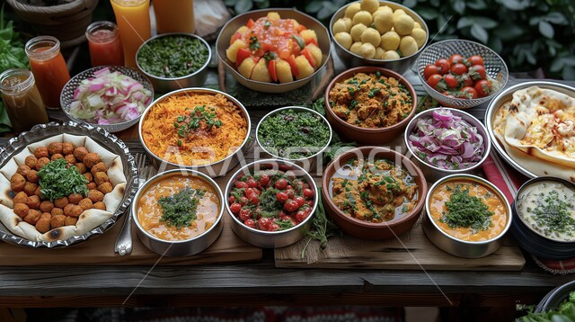 Traditional popular foods, a picture from the top of a table full of various types of delicious food, a Ramadan iftar table, healthy food recipes and dishes, a spiritual Islamic atmosphere, delicious lunches.