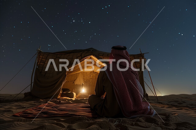 خيمة بدوية شعبية مضاءة بالفوانيس المعدنية وسط الصحراء، صورة مقربة من الخلف لرجل عربي خليجي سعودي يرتدي الشماغ والثوب التقليدي يجلس على الرمال الذهبية الناعمة في وقت الليل، كشتة و جلسة بر شبابية، التخييم في صحاري المملكة, مخيمات سياحية في المناطق البرية