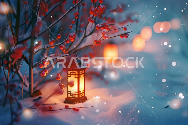 Celebrating religious holidays and events, the spiritual Ramadan atmosphere in the winter, traditional decorated metal lanterns illuminated on the snow, preparing to welcome the holy month of Ramadan, Islamic decorations, antiques and lights.