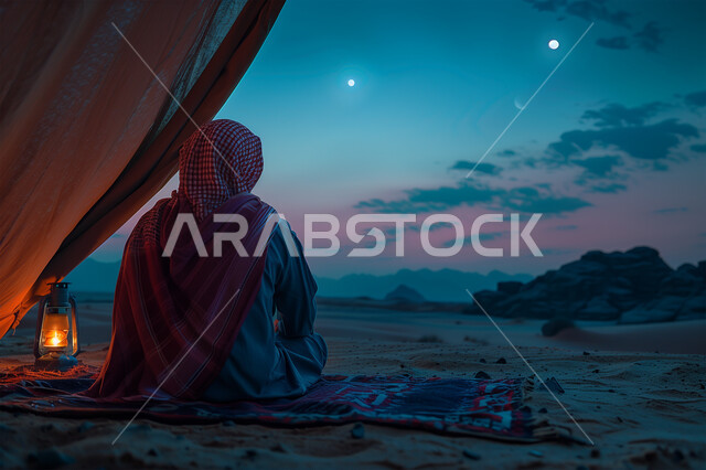 خيمة بدوية شعبية مضاءة بالفوانيس المعدنية وسط الصحراء، صورة مقربة من الخلف لرجل عربي خليجي سعودي يرتدي الشماغ والثوب التقليدي يجلس على الرمال الذهبية الناعمة في وقت الليل، كشتة و جلسة بر شبابية، التخييم في صحاري المملكة, مخيمات سياحية في المناطق البرية