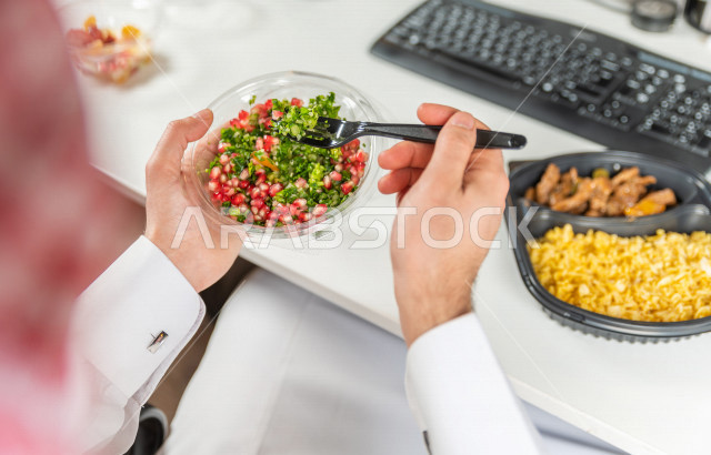 وجبة صحية متكاملة مكونة من سلطة الخضروات الطازجة وطبق من اللحم مع القليل من الأرز الصحي , حمية غذائية لجسم رشيق ووزن مثالي , مقبلات باردة و وجبات ساخنة . 