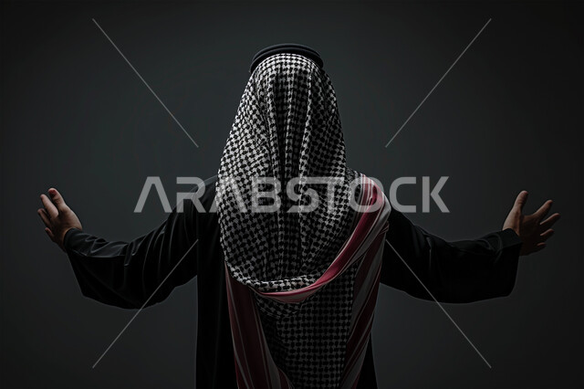 تعابير الترحيب والاستقبال، بورتريه من الخلف لرجل عربي خليجي سعودي يرتدي الشماغ والثوب التقليدي يرفع يديه للاعلى يقف باستقامة، الشعور بالفرح والسرور، الاهتمام بالأناقة والمظهر الخارجي، خلفية سوداء
