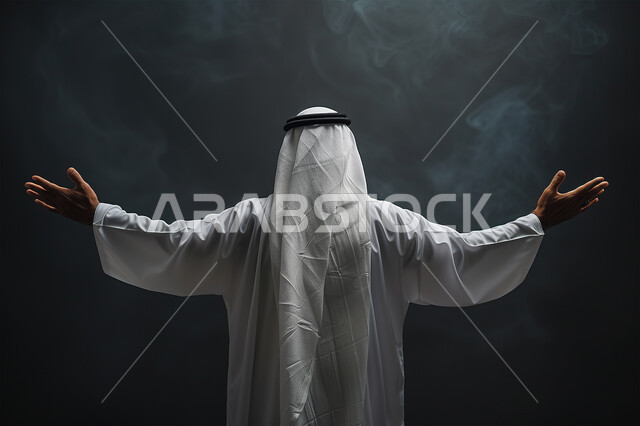 تعابير الترحيب والاستقبال، بورتريه من الخلف لرجل عربي خليجي سعودي يرتدي الشماغ والثوب التقليدي يرفع يديه للاعلى يقف باستقامة، الشعور بالفرح والسرور، الاهتمام بالأناقة والمظهر الخارجي، خلفية سوداء
