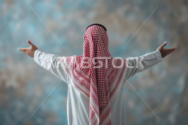 الشعور بالفرح والسرور، تعابير الترحيب والاستقبال، صورة من الخلف لرجل عربي خليجي سعودي يرتدي العباءة التقليدية البيضاء يرفع يديه للاعلى يقف باستقامة، الاهتمام بالأناقة والمظهر الخارجي، خلفية ضبابية
