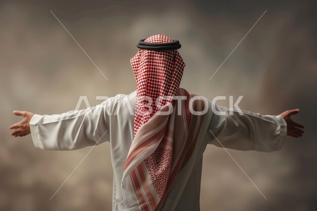 الشعور بالفرح والسرور، تعابير الترحيب والاستقبال، صورة من الخلف لرجل عربي خليجي سعودي يرتدي العباءة التقليدية البيضاء يرفع يديه للاعلى يقف باستقامة، الاهتمام بالأناقة والمظهر الخارجي، خلفية ضبابية