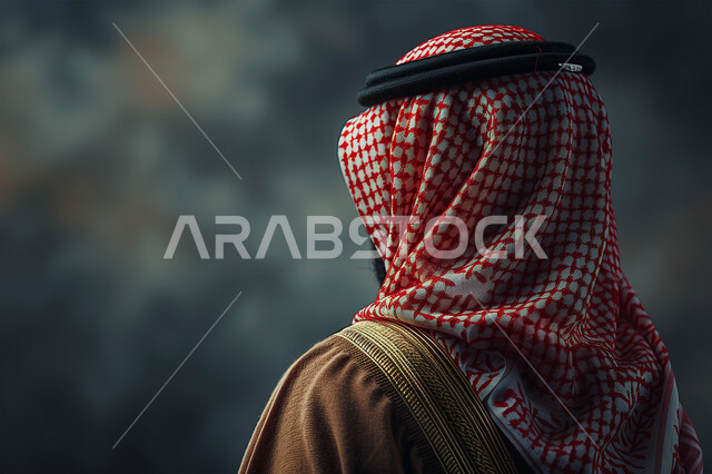 تعابير التأمل والنظر الى شيء ما، صورة من الخلف لرجل عربي خليجي سعودي يرتدي الشماغ والثوب التقليدي، الاهتمام بالأناقة والمظهر الخارجي، خلفية رمادية