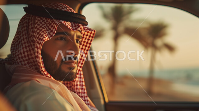 تعابير الرجولة والثقة بالنفس، مغامرات السفاري على الكثبان الرملية، صورة مقربة لرجل عربي خليجي سعودي يرتدي الشماغ والثوب التقليدي يجلس داخل السيارة ينظر الى شيء ما، رحلات ترفيهية في صحراء المملكة العربية السعودية