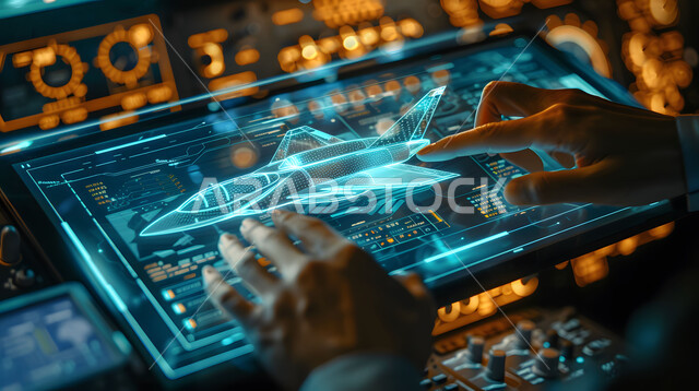 رؤية سعودية 2030، الشركات الجوية العربية السعودية، استخدام علوم وتكنولوجيا الذكاء الاصطناعي في المصانع الهندسية، تحقيق الثورة الصناعية، مجسم ثلاثي الأبعاد لطائرة بتقنية الهولوجرام، صورة مقربة ليد مهندس يعمل على صيانة وإنشاء الطائرات النفاثة الحديثة