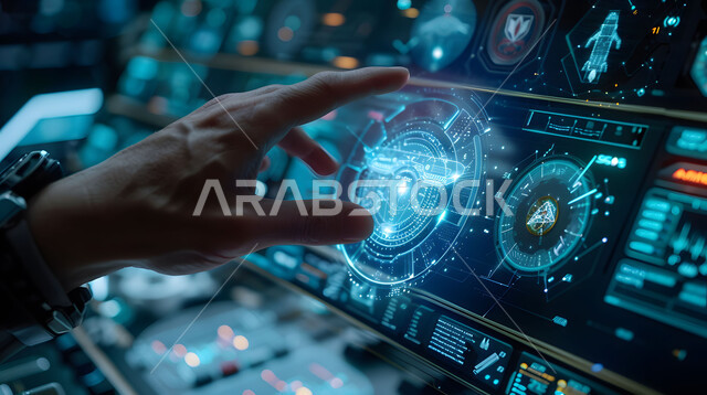 تحقيق الثورة الصناعية، رؤية سعودية 2030، الشركات الجوية العربية السعودية، استخدام علوم وتكنولوجيا الذكاء الاصطناعي في المصانع الهندسية، مجسم ثلاثي الأبعاد لطائرة بتقنية الهولوجرام، صورة مقربة ليد مهندس يعمل على صيانة وإنشاء الطائرات النفاثة الحديثة
