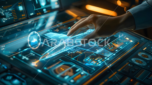 تحقيق الثورة الصناعية، رؤية سعودية 2030، الشركات الجوية العربية السعودية، استخدام علوم وتكنولوجيا الذكاء الاصطناعي في المصانع الهندسية، مجسم ثلاثي الأبعاد لطائرة بتقنية الهولوجرام، صورة مقربة ليد مهندس يعمل على صيانة وإنشاء الطائرات النفاثة الحديثة