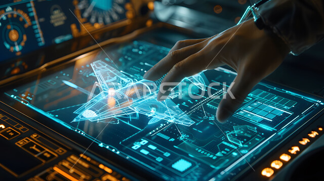 رؤية سعودية 2030، الشركات الجوية العربية السعودية، استخدام علوم وتكنولوجيا الذكاء الاصطناعي في المصانع الهندسية، تحقيق الثورة الصناعية، مجسم ثلاثي الأبعاد لطائرة بتقنية الهولوجرام، صورة مقربة ليد مهندس يعمل على صيانة وإنشاء الطائرات النفاثة الحديثة